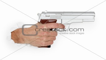 Man's hand holding a large silver handgun