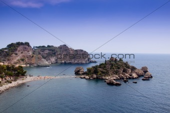 Sea of Sicily; Taormina beach with 'Isola Bella' 