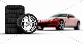 Wheels with a red car on background