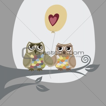 Two owls and love balloon illustration