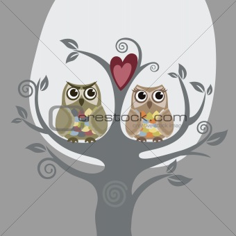 Two owls and love tree
