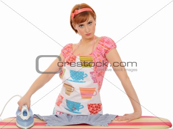 Beautiful angry house woman ironing. isolated on white backgroun