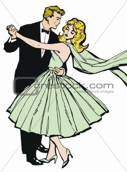 Illustration of a couple dancing, drawn with old comic style