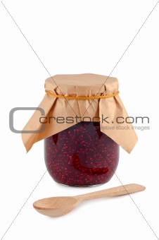 Jam in jar, wooden spoon, isolated on white background.