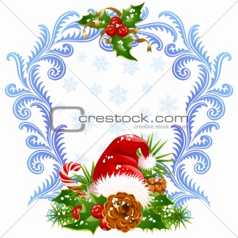 Christmas and New Year greeting card 4. Santa hat, candy cane and holly