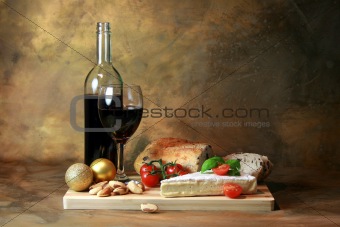 Wine, bread,chees and Christmas balls