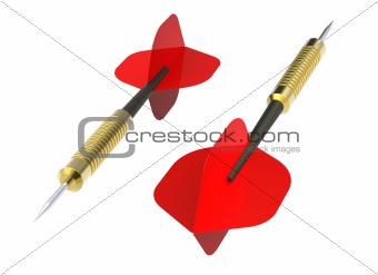 Playing Darts with red flight isolated on white background.