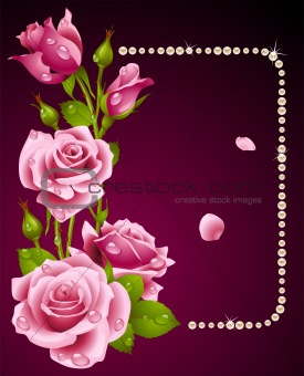 Vector pink rose and pearls frame. Design element.