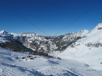 Ski slopes in grand mountain landscape