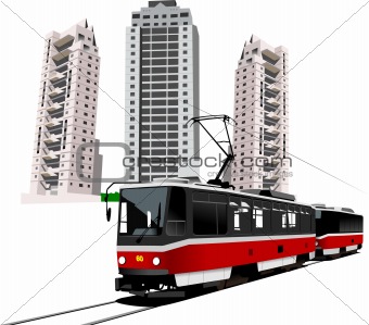 Dormitory and tram. Vector illustration