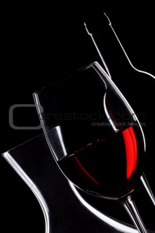 Red wine. Bottle, glass and decanter