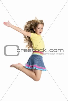 little beautiful girl fly jumping isolated on white