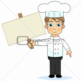 cute boy chef holding a wooden blank sign