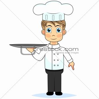 cute cartoon boy chef holding a tray