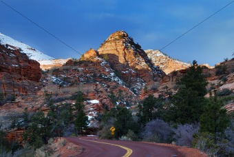 Zion National Park with road and snow