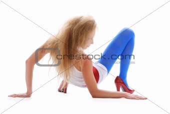Young woman in blue stockings