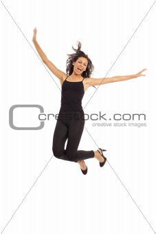 Cute young energetic girl wearing black dancing and jumping
