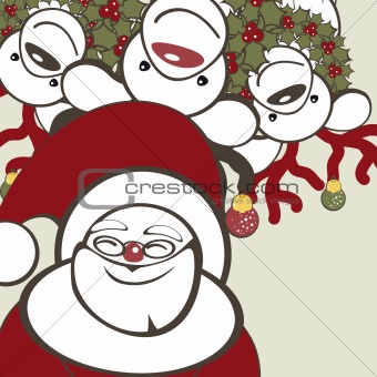 Christmas background with funny reindeers and Santa Claus.
