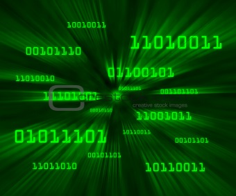 Green bytes of binary code flying through a vortex