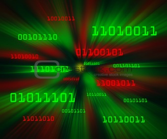 Red and green bytes of binary code flying through a vortex