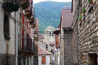 Anso Village street stone houses in Pyrenees