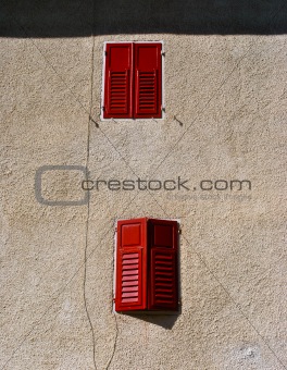 red wooden windows