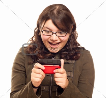 Excited Young Caucasian Woman Texting on Her Mobile Phone Isolated on White.
