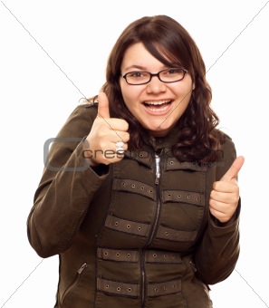Excited Young Caucasian Woman With Two Thumbs Up Isolated on a White Background.