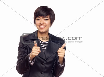 Happy Young Mixed Race Woman With Two Thumbs Up Isolated on a White Background.