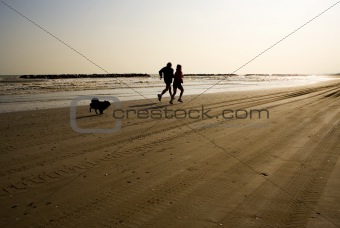 Man and woman jogging on the beach with their dog