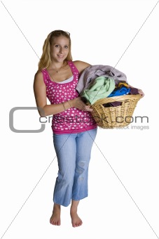 A beautiful young woman doing laundry