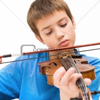 caucasian boy learning to play violin, isolated on white background, square crop