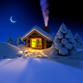 Little house in the woods on New Year's nightst on the eve of New Year