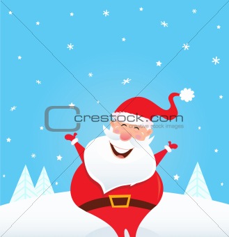 Happy Santa Claus with falling snow and trees
