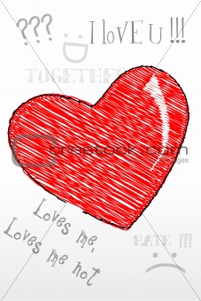 sketched heart with love text all around