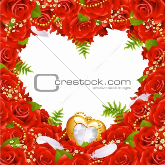 Greeting card with roses, feathers and jewelry in the shape of heart