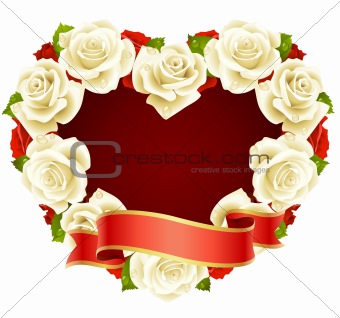 Vector white Rose Frame in the shape of heart