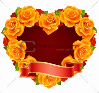 Vector orange Rose Frame in the shape of heart