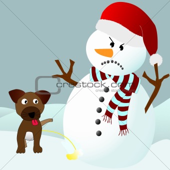 Dog peeing on an angry snowman 