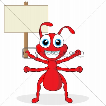 cute little red ant with wood sign