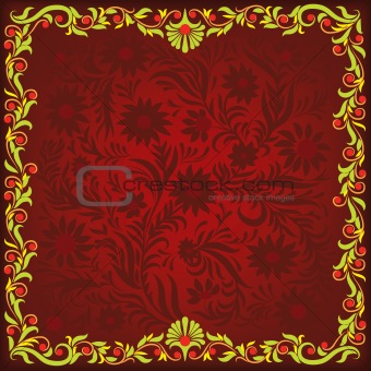 abstract red background with green floral ornament