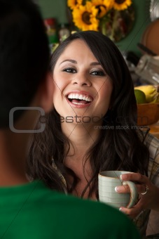 Beautiful Latina Woman with Cofee or Tea and Male Companion
