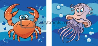 Marine life: crab and jellyfish