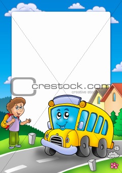 Frame with school bus and boy