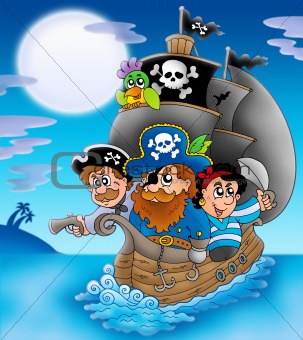 Sailboat with cartoon pirates at night