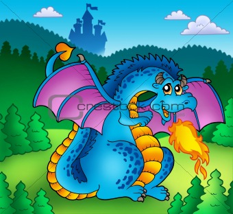 Big blue fire dragon with old castle