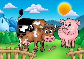 Cartoon cow and pig behind fence