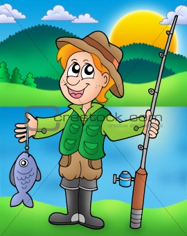 Cartoon fisherman with fish