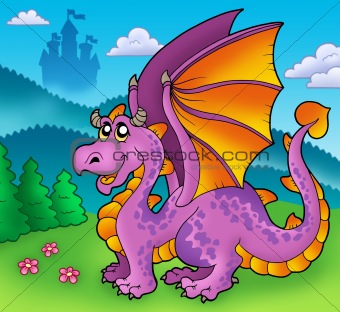 Giant purple dragon with old castle