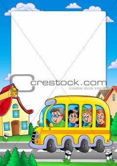 School frame with bus and kids